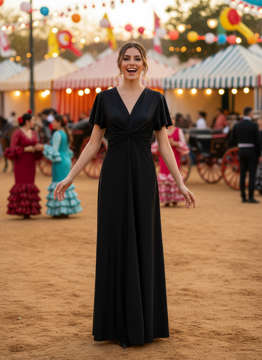 VESTIDO LARGO ELÁSTICO BRILLANTE NEGRO 6242