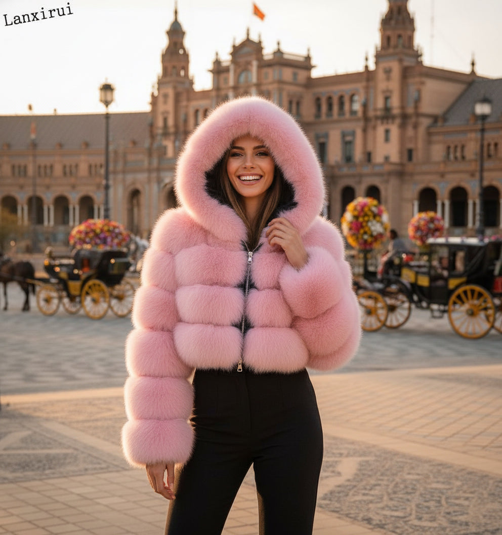 EMMA WU SELECTION Short Long Sleeve Faux Fur Hooded Coat