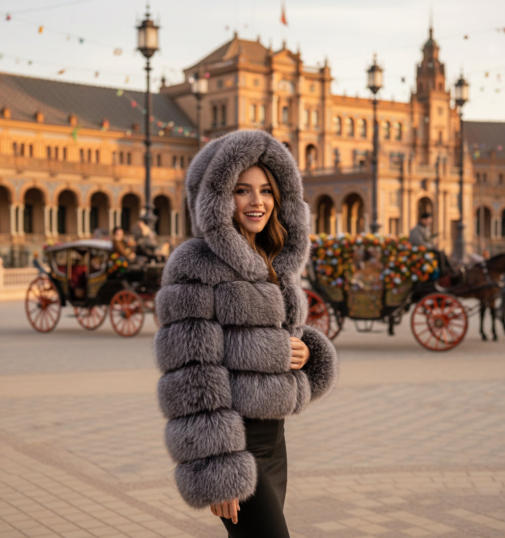 EMMA WU SELECTION Short Long Sleeve Faux Fur Hooded Coat