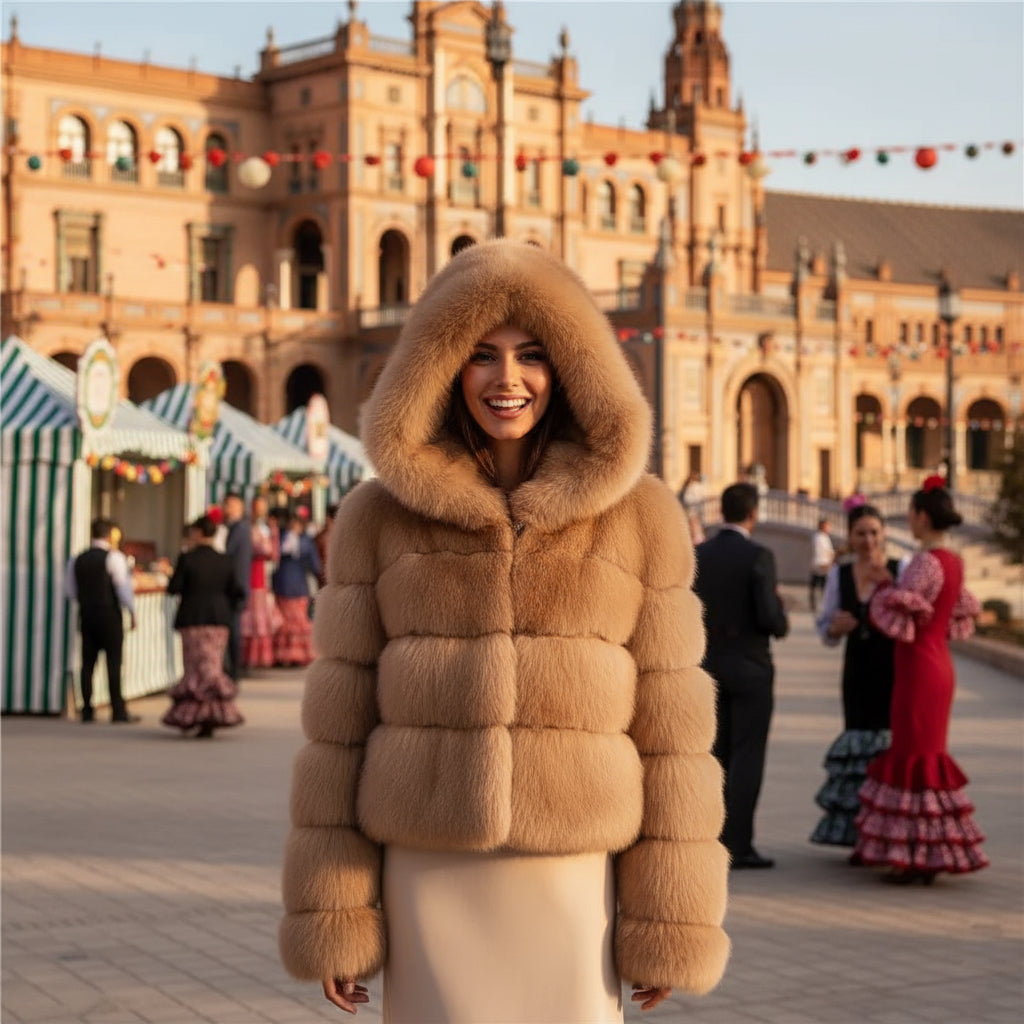 EMMA WU SELECTION Short Long Sleeve Faux Fur Hooded Coat