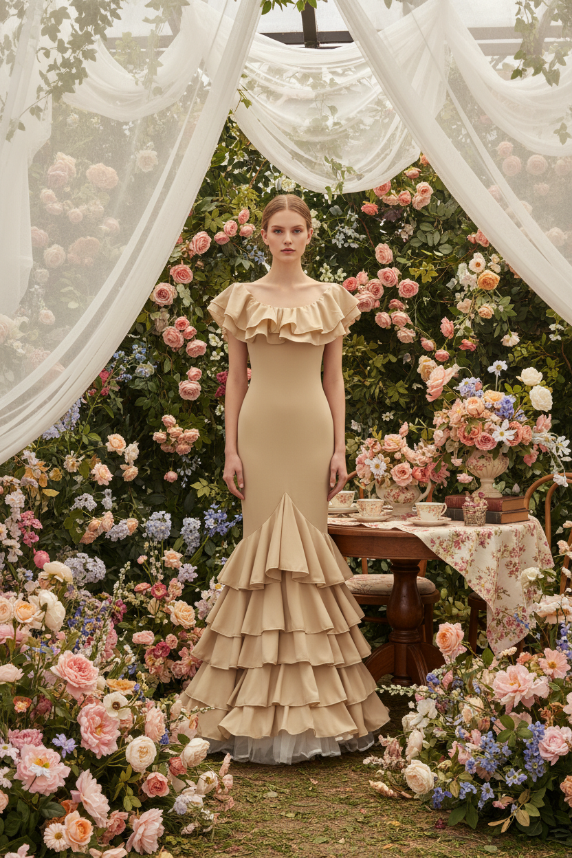 Traje de Flamenca EW5 | Vestido Flamenco con Gran Volante y 5 Volantes en Falda Beige