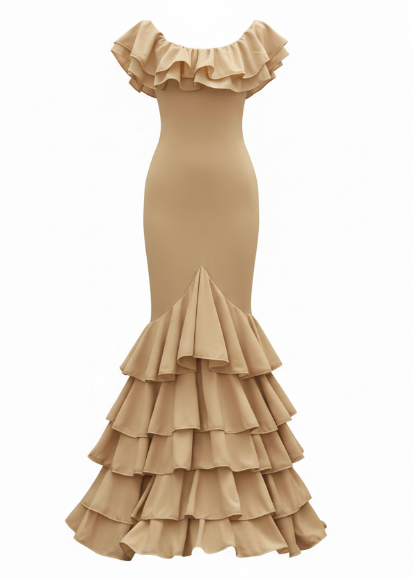 Traje de Flamenca EW5 | Vestido Flamenco con Gran Volante y 5 Volantes en Falda Beige