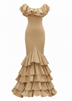 Traje de Flamenca EW5 | Vestido Flamenco con Gran Volante y 5 Volantes en Falda Beige