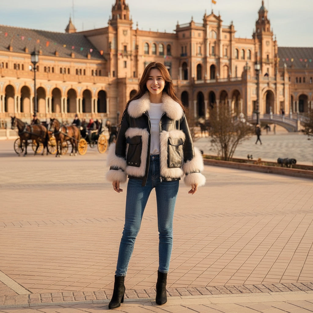 EMMA WU SELECTION Sense Leather Coat with Fox Fur Stitching