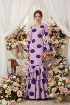 Traje Flamenca Sevillana Premium Licra | Falda Sirena Doble Volante | Mangas Acampanadas Dobles | Made in Italy | Vestido de Flamenca para Fiestas | 21045 - 21045  - LILA MALVA