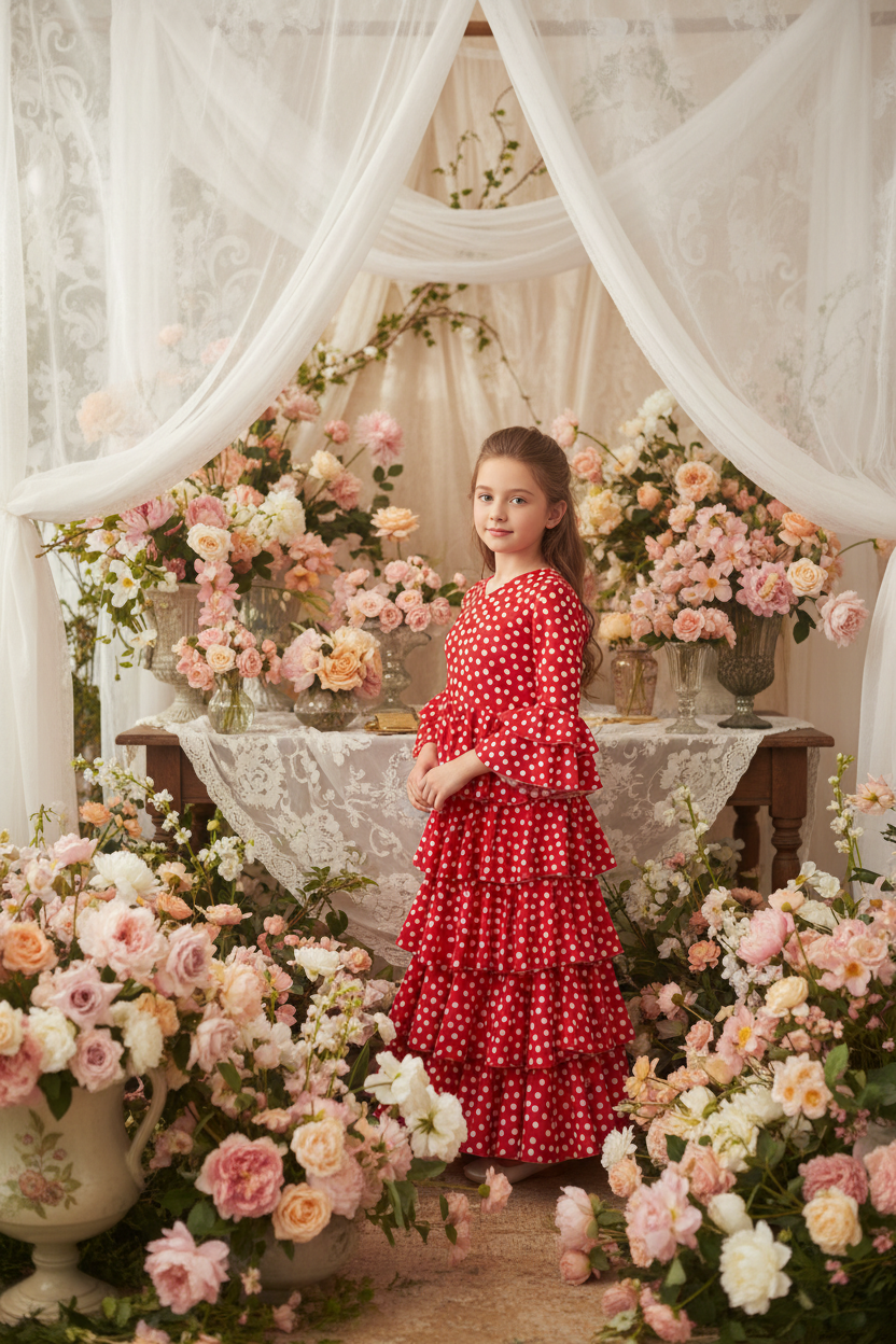 Red Flamenco Dress for Girls with White Polka Dots | Ref. 221783
