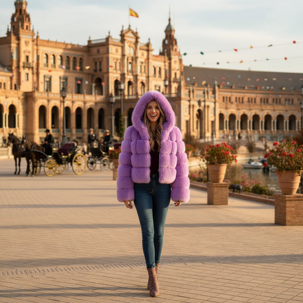 EMMA WU SELECTION Short Long Sleeve Faux Fur Hooded Coat