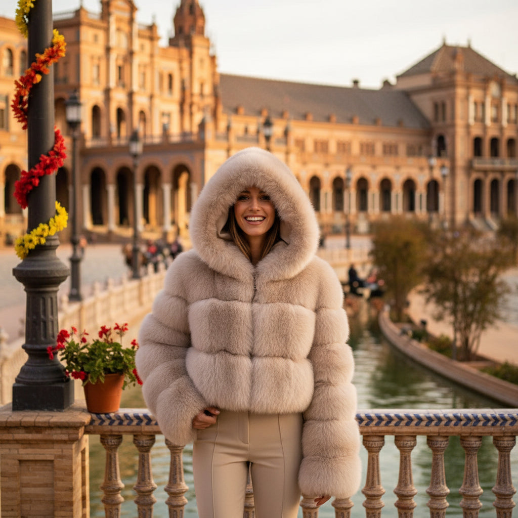 EMMA WU SELECTION Short Long Sleeve Faux Fur Hooded Coat