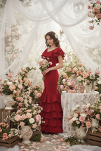 Traje de Flamenca EW5 | Vestido Flamenco con Gran Volante y 5 Volantes en Falda Rojo Indio