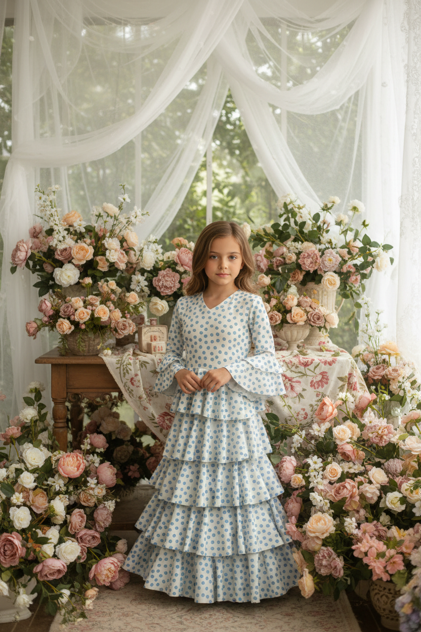 White Flamenco Dress for Girls with Blue Polka Dots | Ref. 221121
