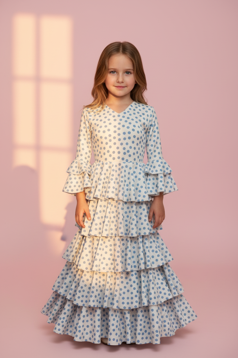 White Flamenco Dress for Girls with Blue Polka Dots | Ref. 221121