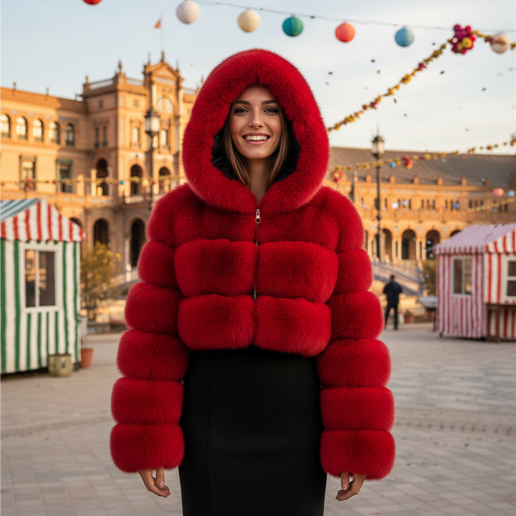 EMMA WU SELECTION Short Long Sleeve Faux Fur Hooded Coat