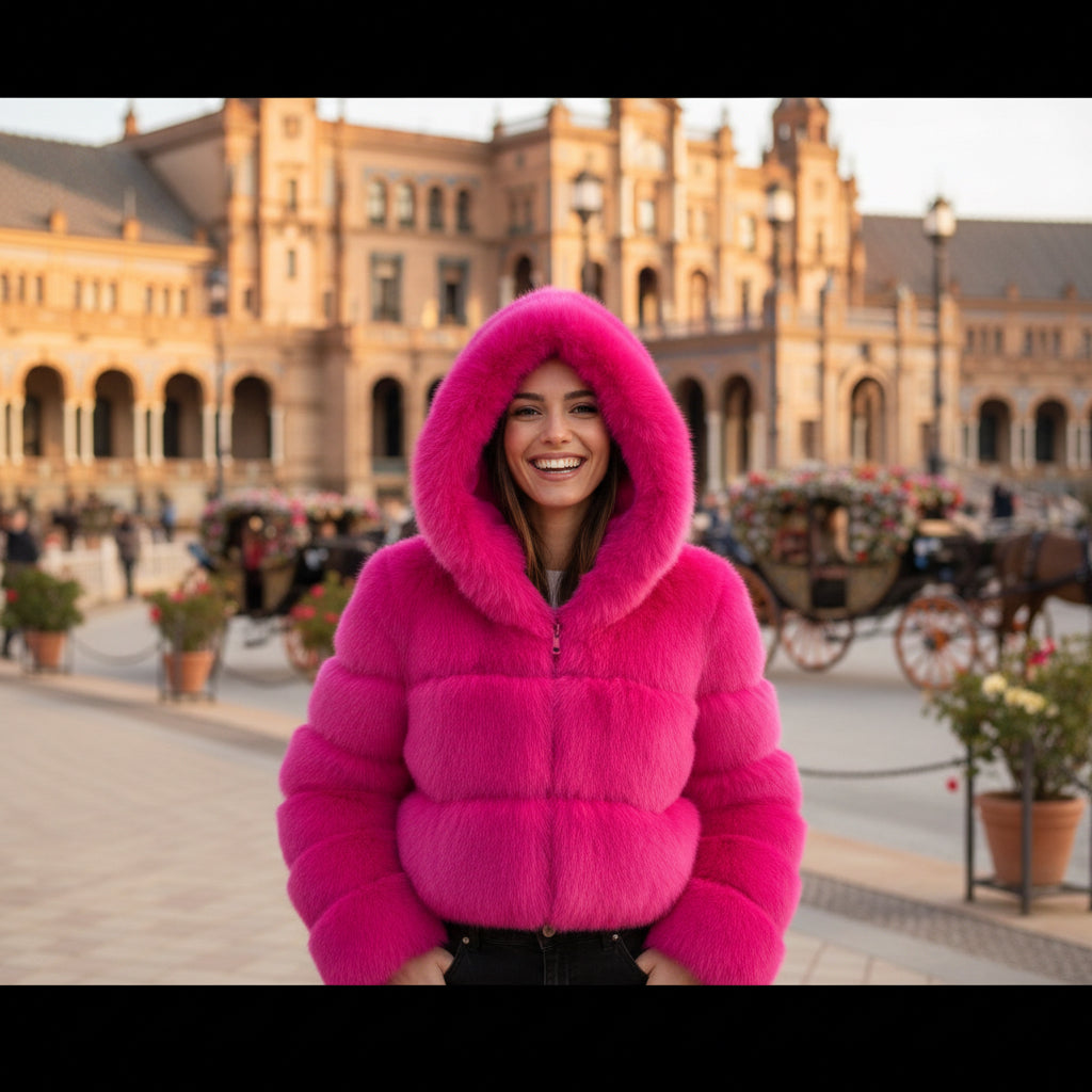 EMMA WU SELECTION Short Long Sleeve Faux Fur Hooded Coat