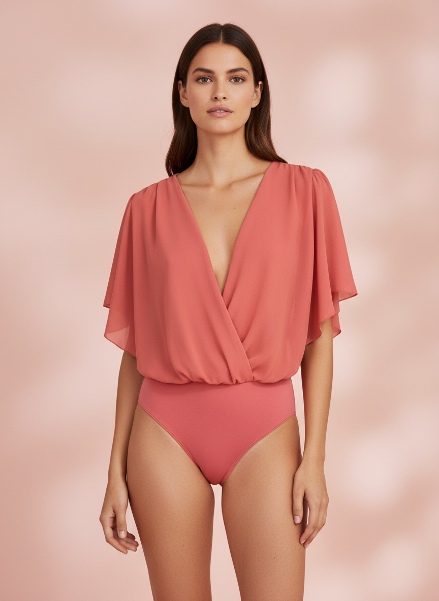 SHORT SLEEVE BODYSUIT - CORAL - 3686