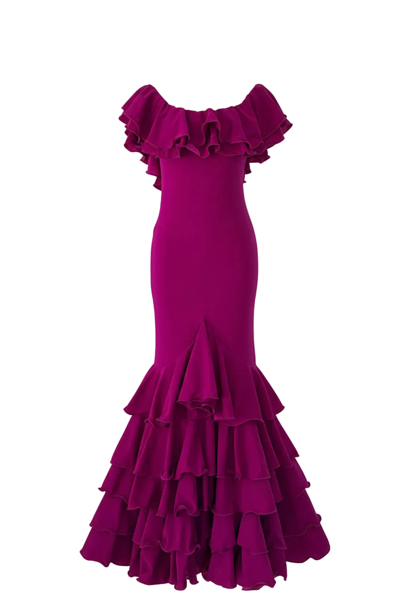 Traje de Flamenca EW5 | Vestido Flamenco con Gran Volante y 5 Volantes en Falda Buganvilla