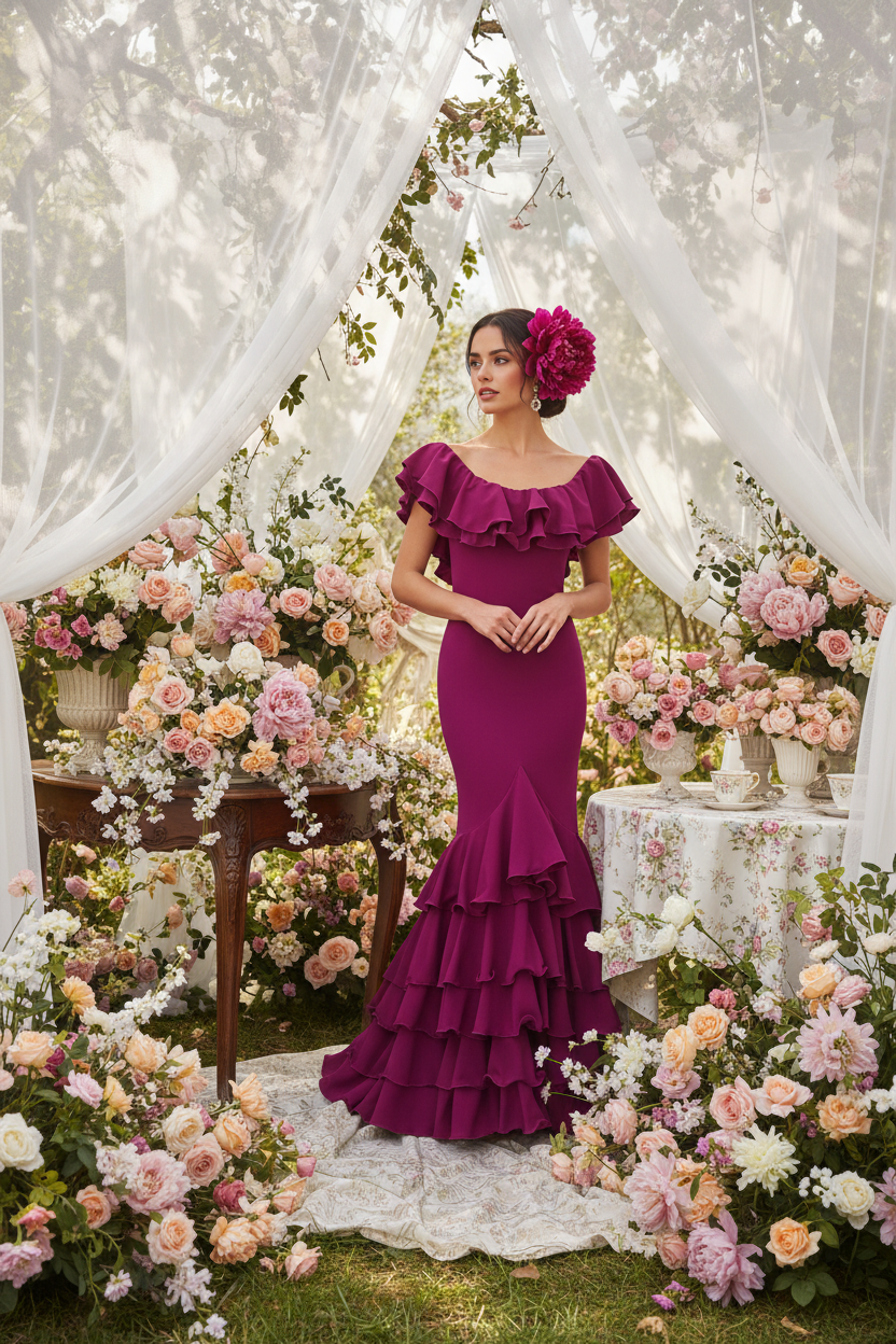 Traje de Flamenca EW5 | Vestido Flamenco con Gran Volante y 5 Volantes en Falda Buganvilla