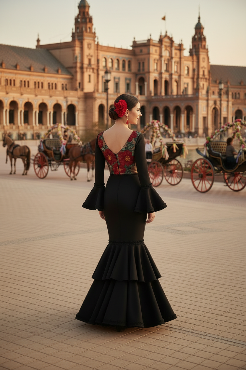Traje de Flamenca EW7 | Vestido Flamenco con Encaje y Volantes Negro y Rojo