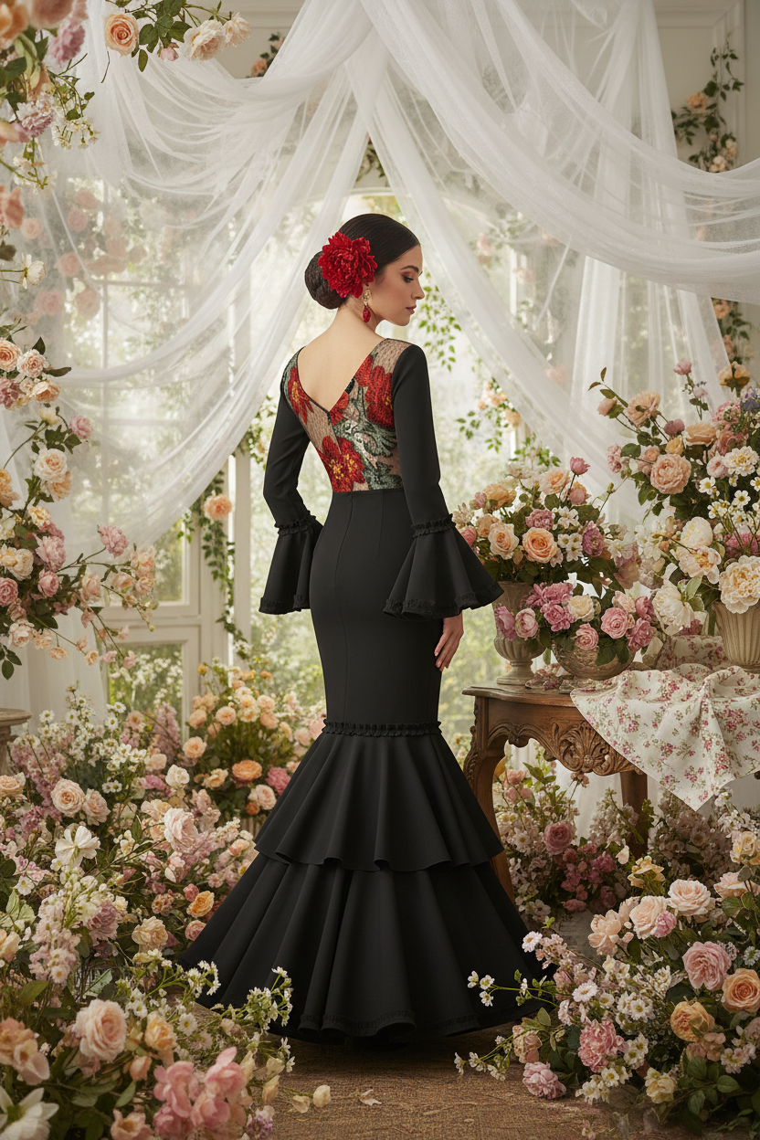 Traje de Flamenca EW7 | Vestido Flamenco con Encaje y Volantes Negro
