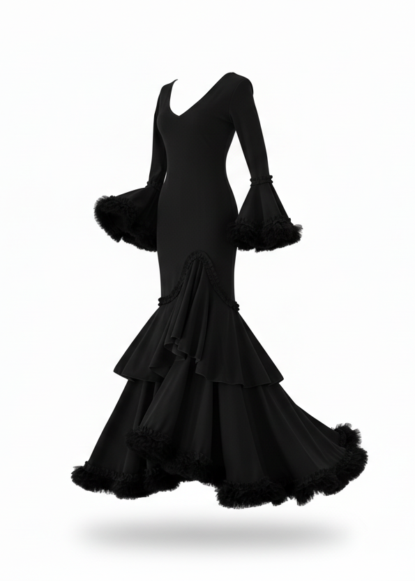 Traje de Flamenca EW1 | Vestido Flamenco con Tul Negro Negro