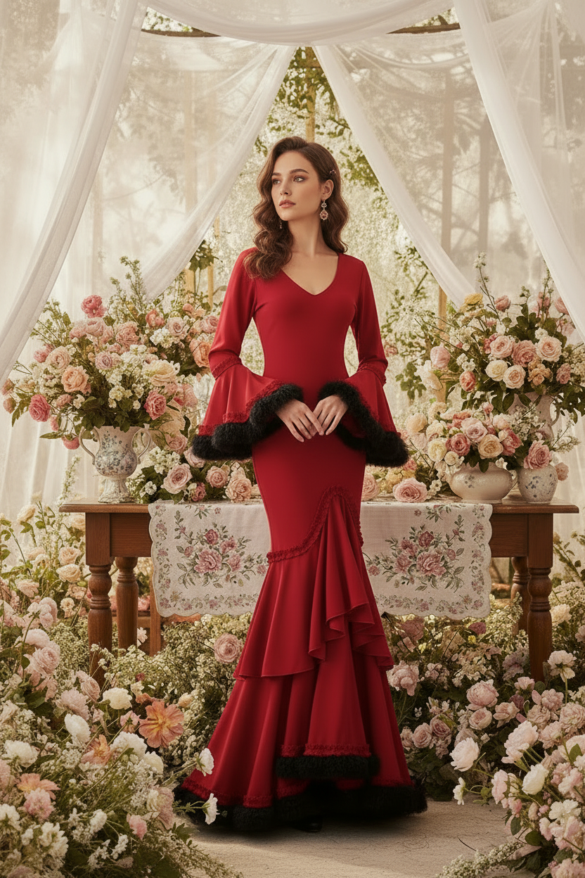 Traje de Flamenca EW1 | Vestido Flamenco con Tul Negro Rojo