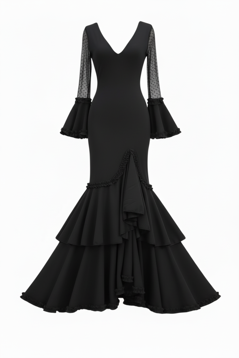 Premium Lycra Sevillana Flamenco Dress | Mermaid Skirt with Multiple Ruffles | Made in Italy | Flamenco Dress for Parties | EM223 - EM223 - BLACK