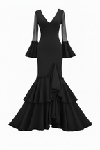 Premium Lycra Sevillana Flamenco Dress | Mermaid Skirt with Multiple Ruffles | Made in Italy | Flamenco Dress for Parties | EM223 - EM223 - BLACK