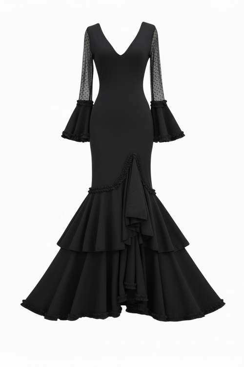 Traje Flamenca Sevillana Premium Licra | Falda Sirena Volantes Múltiples | Made in Italy | Vestido de Flamenca para Fiestas | EM223 - EM223  - NEGRO
