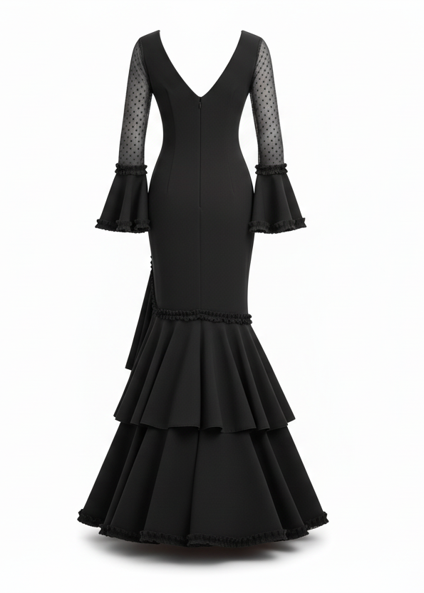 Premium Lycra Sevillana Flamenco Dress | Mermaid Skirt with Multiple Ruffles | Made in Italy | Flamenco Dress for Parties | EM223 - EM223 - BLACK