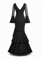 Premium Lycra Sevillana Flamenco Dress | Mermaid Skirt with Multiple Ruffles | Made in Italy | Flamenco Dress for Parties | EM223 - EM223 - BLACK