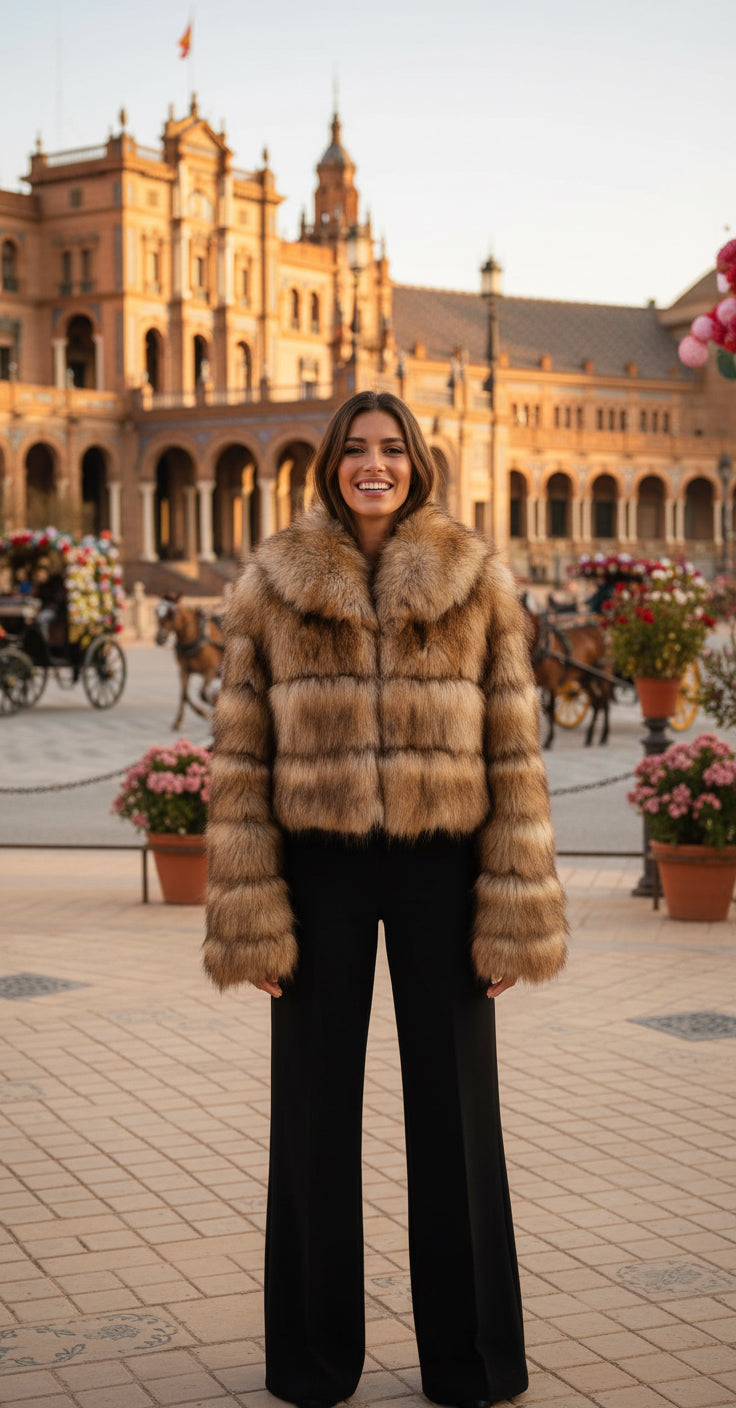 EMMA WU SELECTION Short Long Sleeve Faux Fur Hooded Coat