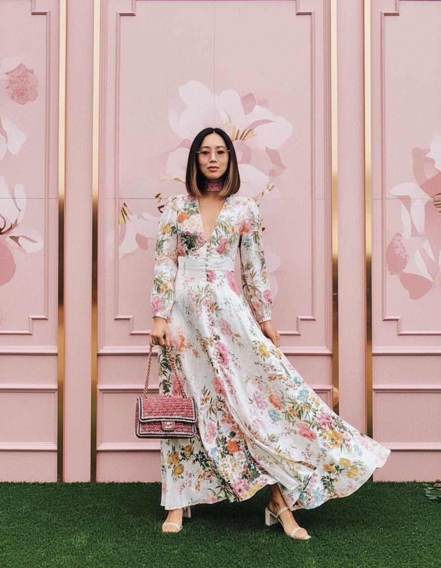 EMMA WU SELECTION Vestido Largo Romántico Escote V Manga Larga