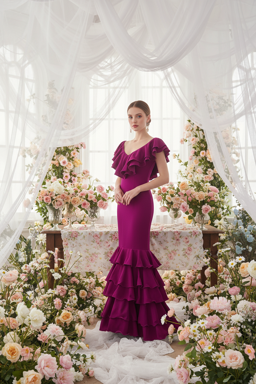 Traje de Flamenca EW5 | Vestido Flamenco con Gran Volante y 5 Volantes en Falda