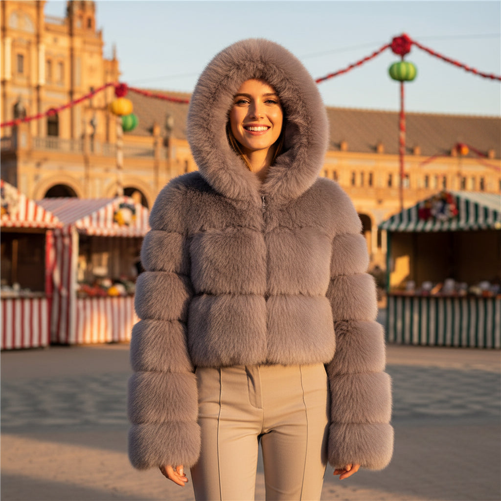 EMMA WU SELECTION Short Long Sleeve Faux Fur Hooded Coat