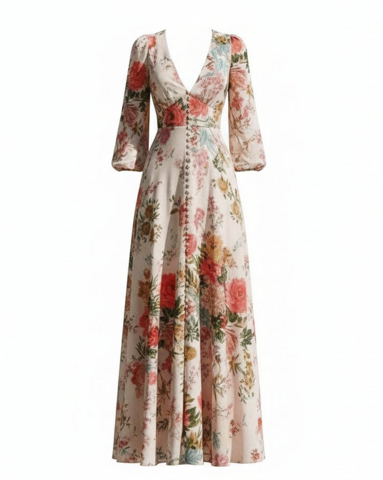 EMMA WU SELECTION Vestido Largo Romántico Escote V Manga Larga