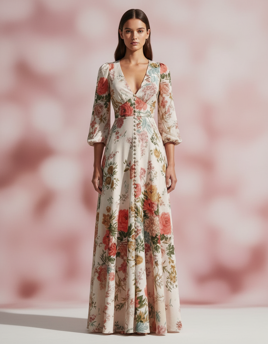 EMMA WU SELECTION Vestido Largo Romántico Escote V Manga Larga