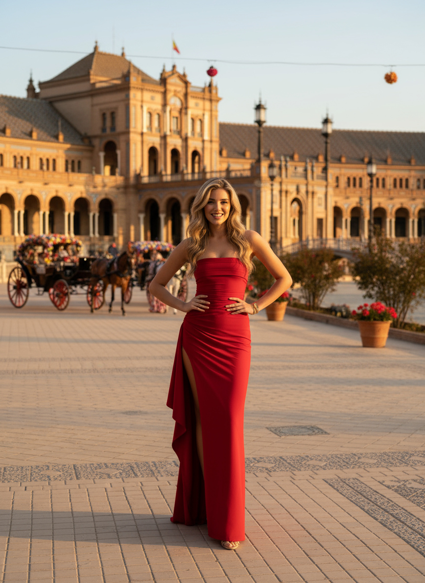 EMMA WU SELECTION Red Solid Color Long Dress with Open Back and High Waist for Fashion Evening and Party
