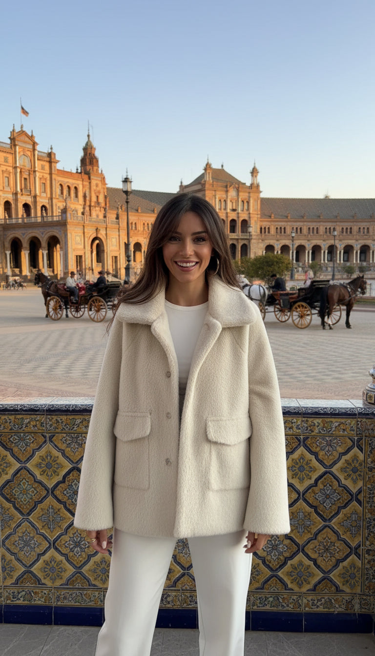 EMMA WU SELECTION Women's Long Sleeve Plush Coat with Loose Lapel and Single Button Closure for Winter, Short Plush Jacket