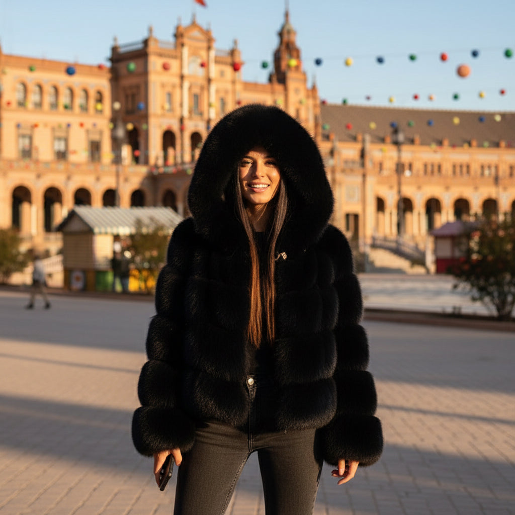 EMMA WU SELECTION Short Long Sleeve Faux Fur Hooded Coat