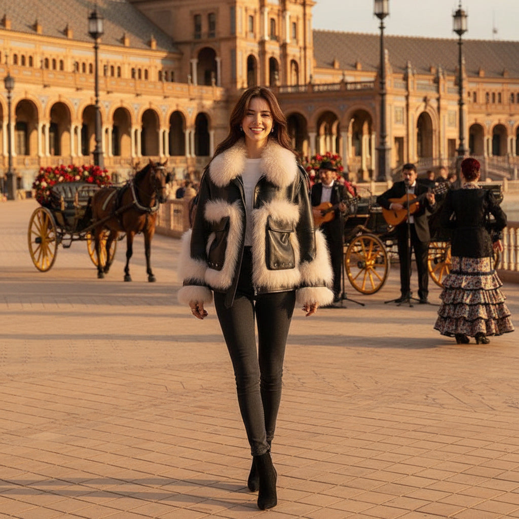 EMMA WU SELECTION Sense Leather Coat with Fox Fur Stitching