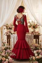 Traje de Flamenca EW7 | Vestido Flamenco con Encaje y Volantes Rojo