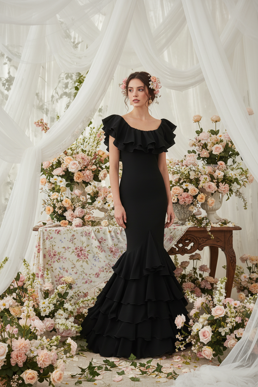 Traje de Flamenca EW5 | Vestido Flamenco con Gran Volante y 5 Volantes en Falda Negro