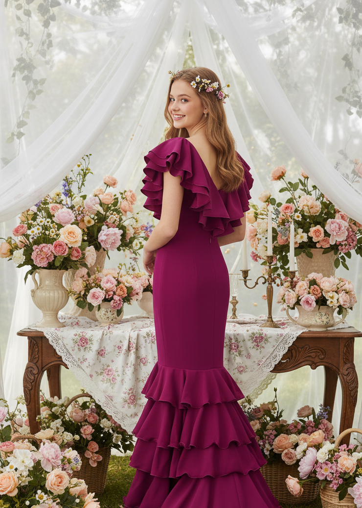 Traje de Flamenca EW5 | Vestido Flamenco con Gran Volante y 5 Volantes en Falda Buganvilla
