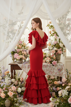 Traje de Flamenca EW5 | Vestido Flamenco con Gran Volante y 5 Volantes en Falda Rojo Indio