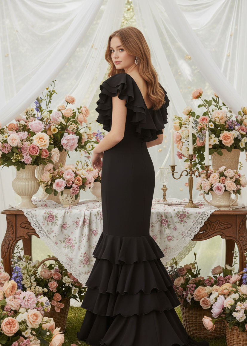 Traje de Flamenca EW5 | Vestido Flamenco con Gran Volante y 5 Volantes en Falda Negro