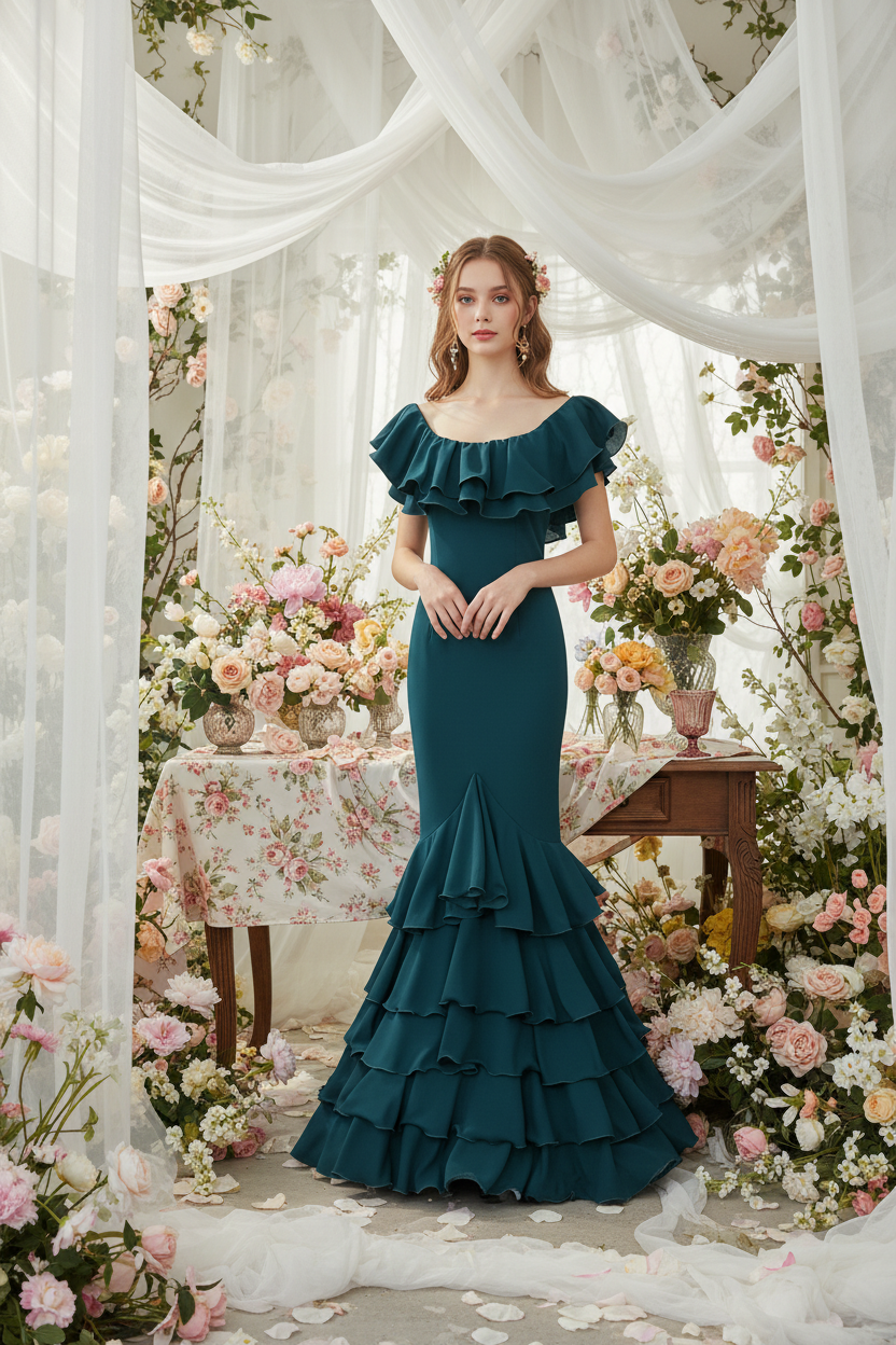 Flamenco Dress EW5 | Flamenco Dress with Large Ruffle and 5 Skirt Ruffles Petroleum Blue