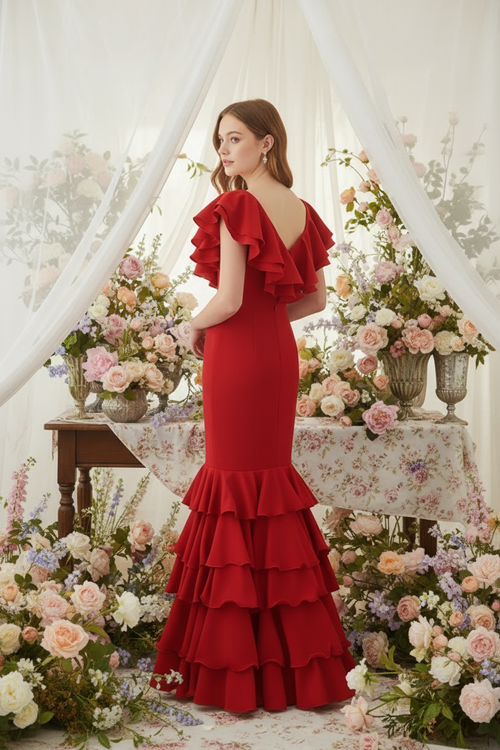 Traje de Flamenca EW5 | Vestido Flamenco con Gran Volante y 5 Volantes en Falda Rojo