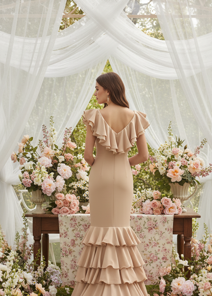 Traje de Flamenca EW5 | Vestido Flamenco con Gran Volante y 5 Volantes en Falda Beige
