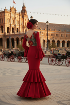 Traje de Flamenca EW7 | Vestido Flamenco con Encaje y Volantes Negro y Rojo