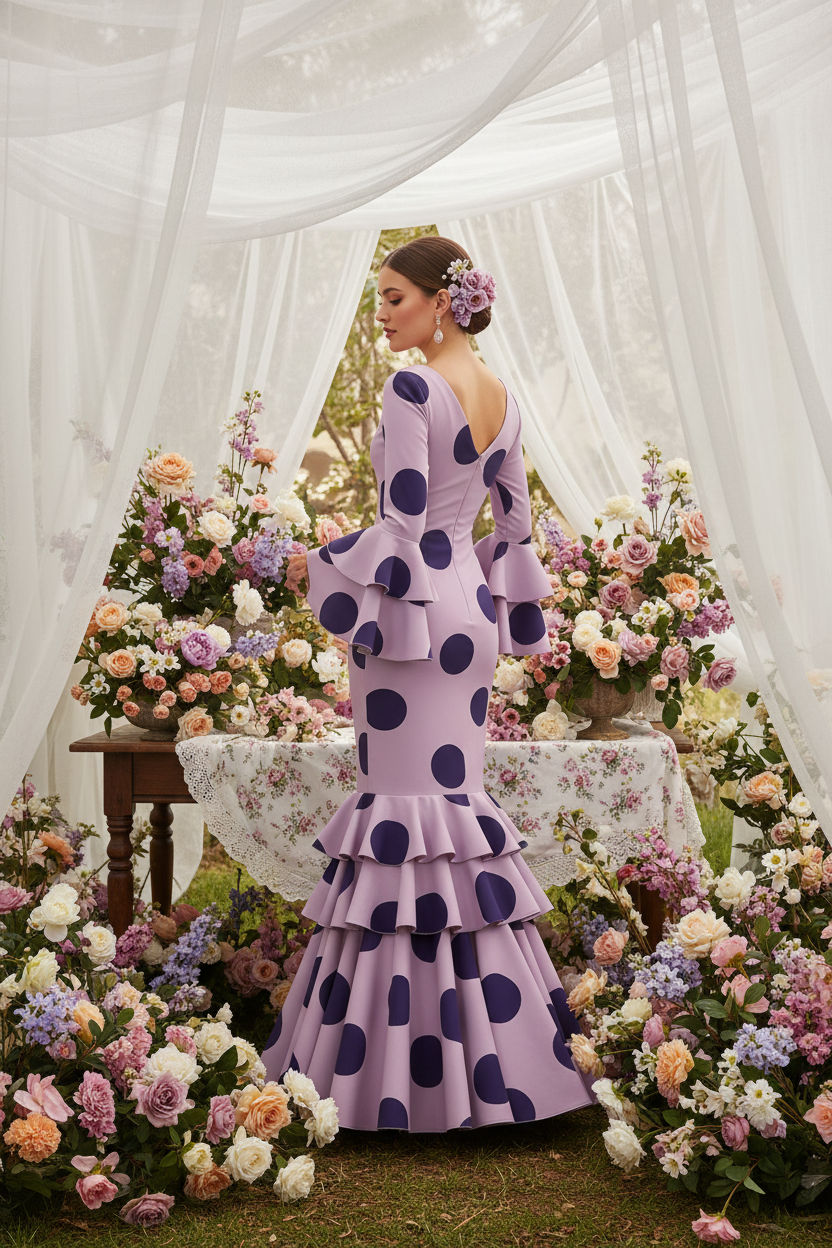 Traje Flamenca Sevillana Premium Licra | Falda Sirena Doble Volante | Mangas Acampanadas Dobles | Made in Italy | Vestido de Flamenca para Fiestas | 21045 - 21045  - LILA MALVA