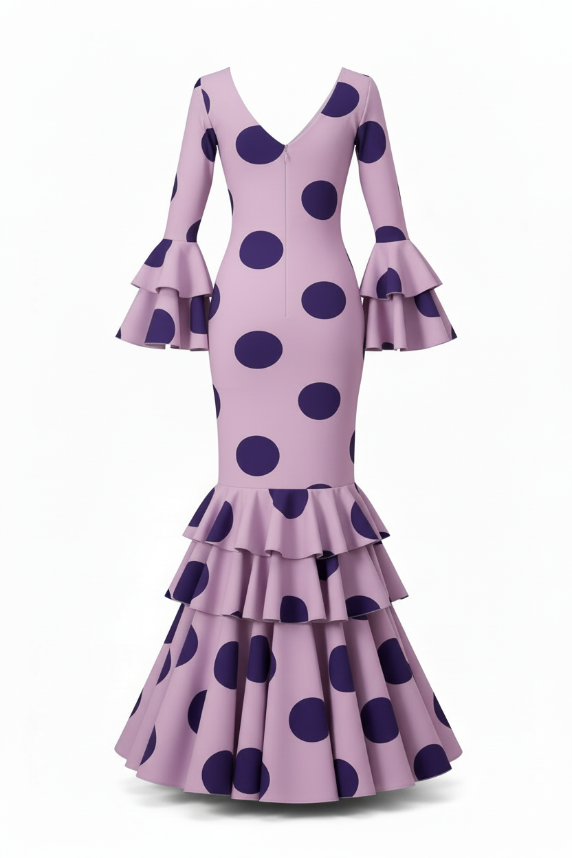 Traje Flamenca Sevillana Premium Licra | Falda Sirena Doble Volante | Mangas Acampanadas Dobles | Made in Italy | Vestido de Flamenca para Fiestas | 21045 - 21045  - LILA MALVA
